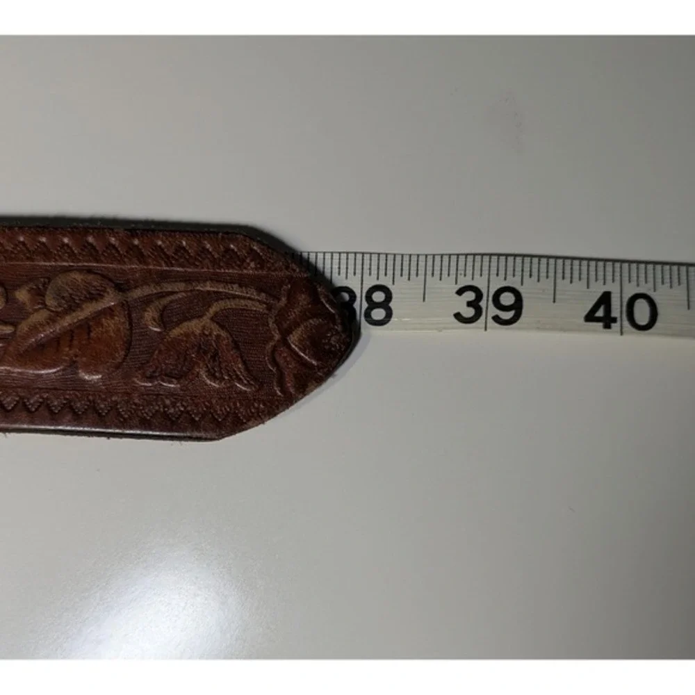 Tooled Leather Belt LMC‎ Vintage Bronze Tone Buckle Brown Floral 38 Inch Unisex